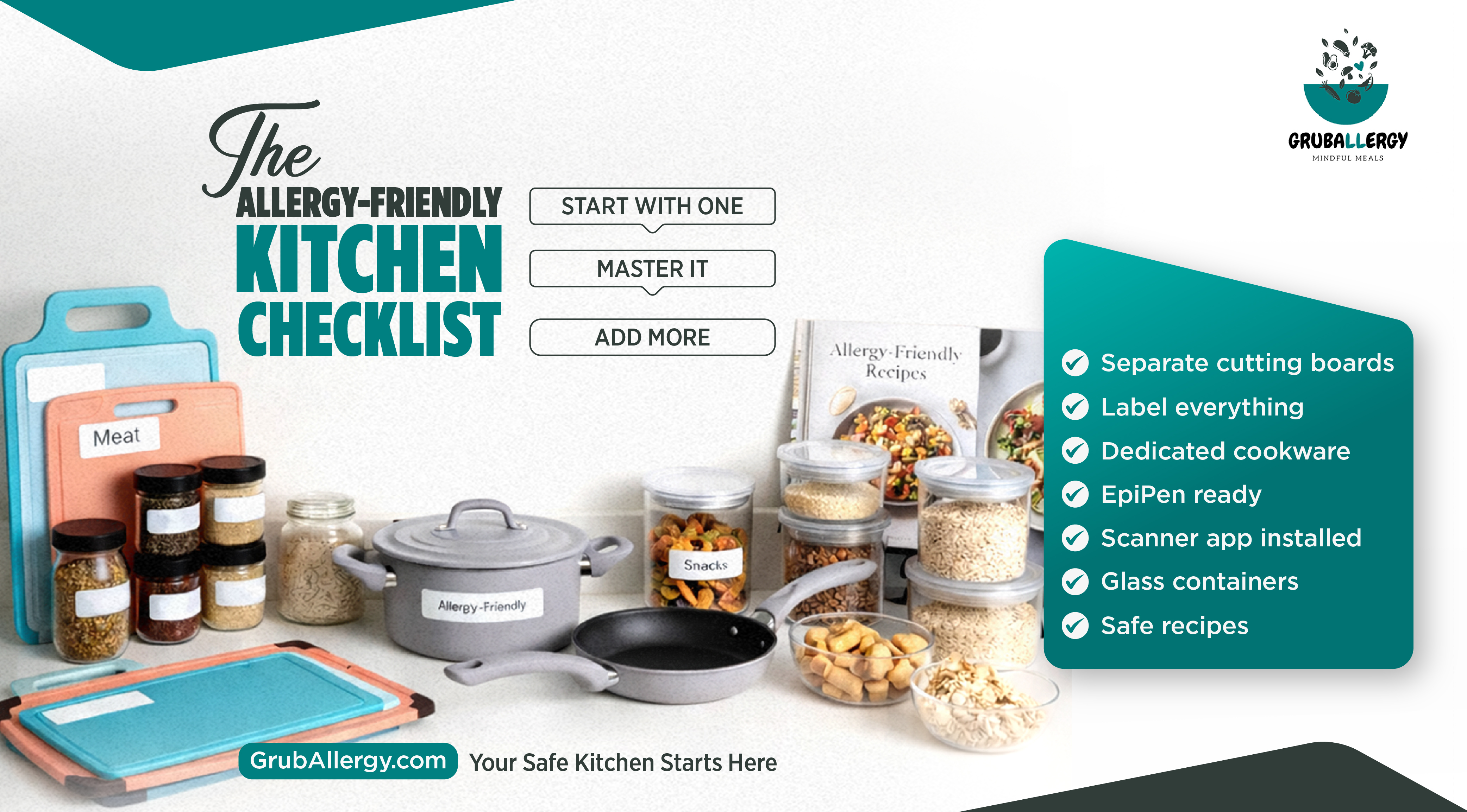 Image of an allergy-friendly kitchen checklist showing labeled containers, separate cutting boards, and dedicated cookware for food allergy safe cooking and allergy friendly kitchen setup.